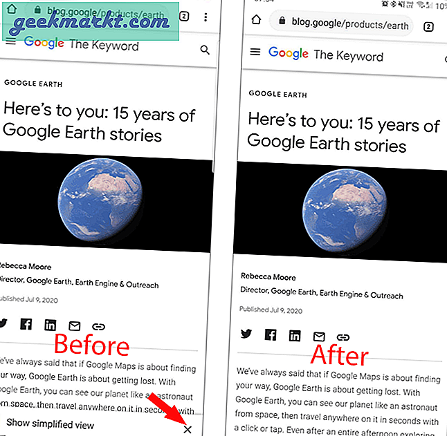 Hoe u Show Simplified View Pop-Up op Chrome op Android uitschakelt